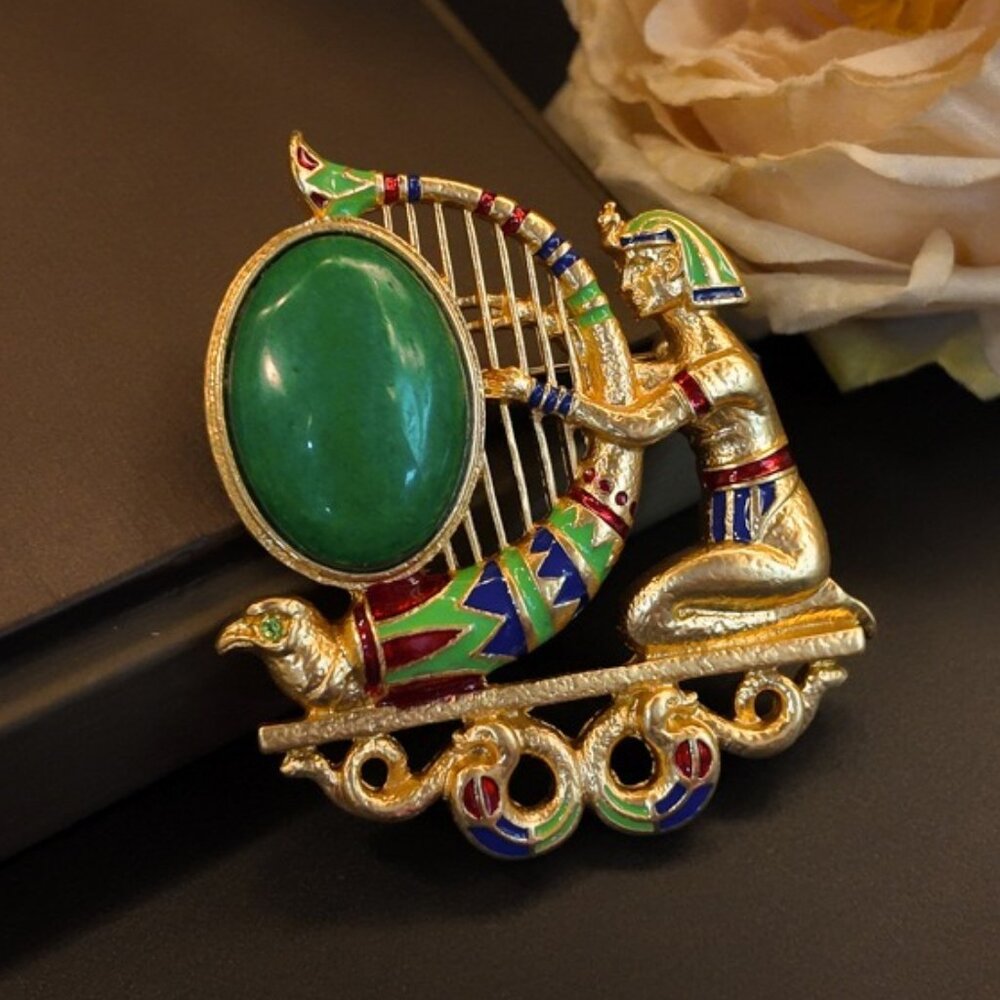 Exquisite Vintage Egyptian Revival Pharaoh & Harp Statement Brooch